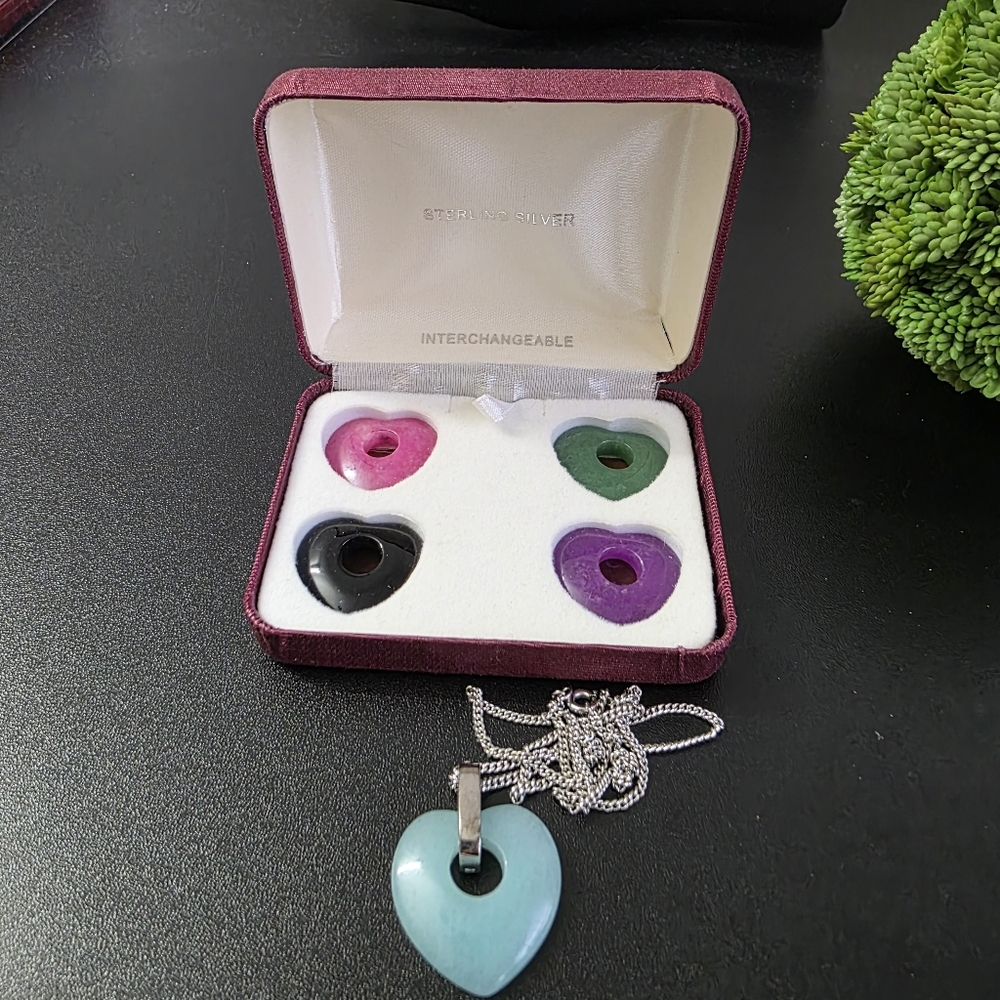 Sterling Silver 925 Change Of Heart Necklace Set Jade Onyx Agate Amazonite